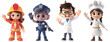 Professionals 3D cartoon characters of fire woman, police woman, scientist and chef saying hi at camera over isolated transparent background