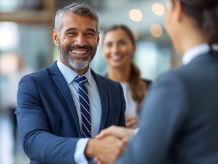 A man in a suit shakes hands with two women. The man is smiling and the women are smiling back. Concept of professionalism and camaraderie