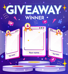 Wall Mural - Giveaway winner announcement. Colorful banner with copy space for presenting and awarding winners. Social media post template for blog. Victory and celebration. Cartoon flat vector illustration