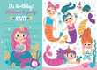 Birthday invitation with mermaid. Set of adorable fairy tale creatures with fish tails. Postcard for anniversary party celebration. Cartoon flat vector illustrations isolated on white background