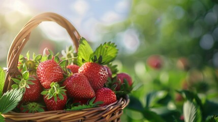 Canvas Print - a basket of seasonal fresh ripe strawberries with green leaves in a garden