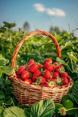 Sticker - a basket of seasonal fresh ripe strawberries with green leaves in a garden