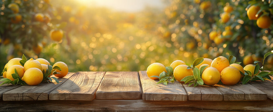 golden hour lemon citrus fruits on wooden table with trees field on morning sunshine background with copyspace area