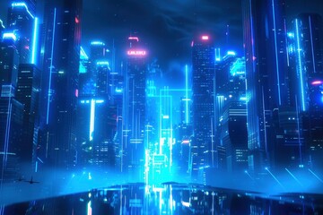 Wall Mural - blue neon light city background - generative ai