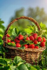 Canvas Print - a basket of seasonal fresh ripe strawberries with green leaves in a garden