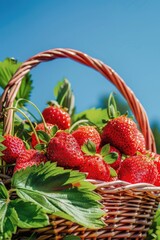 Poster - a basket of seasonal fresh ripe strawberries with green leaves in a garden