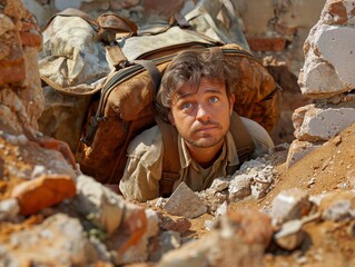 Canvas Print - A man is crouching in the dirt with a backpack on his back. He looks like he is in a dangerous situation