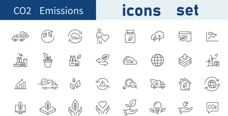 Set of  CO2 Emissions web icons in line style. Ecology, tree, energy, carbon dioxide, climate. Vector illustration bundle .
