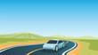 Cartoon Vector or Illustration of a blue car on the road. Luxury cars driving electric train structures on curved asphalt roads. Green open fields and mountain under blue sky for background.