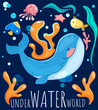 Underwater world poster. Colorful card with dolphin, fish, jellyfish, starfish and algae. Marine or ocean life. Postcard with sea inhabitants. Design for banner. Cartoon flat vector illustration