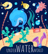 Underwater world poster. Banner with dolphins, fish, octopus, shrimp and crab swimming in sea between corals and algae. Postcard with ocean inhabitants. Marine life. Cartoon flat vector illustration
