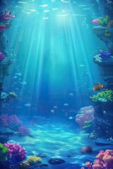 Wall Mural - view of an underwater ocean sea life environment with sun light falling into the ocean background