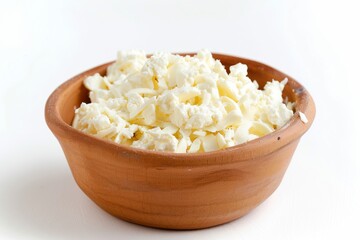 Grated mozzarella cheese in wooden bowl