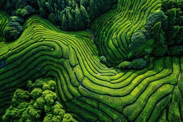 Wall Mural - Aerial drone view of shapes of Cha Gorreana tea plantation at Sao Miguel, Azores, Portugal - generative ai