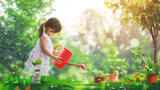 girl watering plants in garden