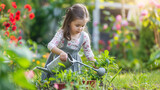 a girl watering plants in garden