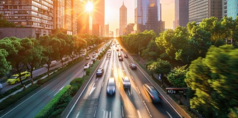 Wall Mural - an urban city highway motorway road surrounded by green trees with cars traffic moving fast with motion blur with the view of high rise buildings