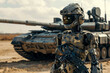 the robot soldier on the battlefield with weapon, next to tank,  blurred background.. Artificial intelect in future life. AI generated