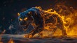 A fierce black panther enveloped in flames and smoke prowls forward aggressively on a sandy surface.