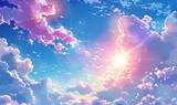 whimsical anime-style illustration of a summer sky adorned with cumulonimbus clouds