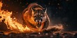A dramatic image of a pouncing cougar with an aggressive expression amid fiery sparks and a cloud of dust.
