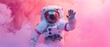 Astronaut Waving Goodbye in Surreal Pink Clouds - Sci-Fi Fantasy of Space Exploration, Ethereal Environment with Copy Space