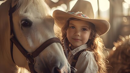 Cute cowgirl with horse, little young kid wearing cowboy hat smiling at farm, cuddling adorable white horse. Beautiful kids in costume concept Halloween festive season greeting card banner background