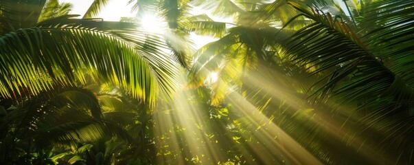 Wall Mural - Tropical sunbeams piercing lush palm foliage