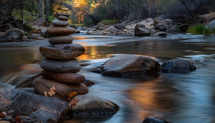 Poster - a photo that captures the serene beauty of the oval-shaped rocks piled up on the river bank