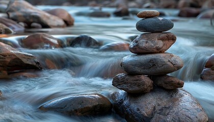 Poster - a photo that captures the serene beauty of the oval-shaped rocks piled up on the river bank
