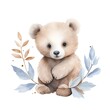 Cute watercolor teddy bear with leaves on white background.