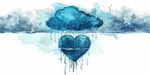 Wall Mural - Grief: The Raincloud and Drowning Heart - Imagine a raincloud hovering over a heart submerged in water, illustrating the drowning feeling of grief.