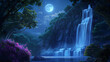 © K Love Studios - waterfall under moonlight fantasy background. trees with flowers. night colorful background wallpaper