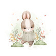 Watercolor Illustration Rabbits and Autumn Leaves at Garden
