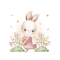 Wall Mural - Watercolor Illustration Rabbits and Autumn Leaves at Garden
