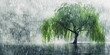 Sorrow: The Weeping Willow Tree and Heavy Rain - Picture a weeping willow tree in a heavy downpour, illustrating the feeling of sorrow and grief.