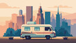 An image of a camper van parked in front of a bustling city skyline symbolizing the balance between the busy city life and the freedom of the