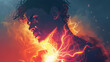 An abstract digital artwork capturing a man enveloped by fiery lightning energy.