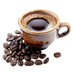 Wall Mural - A cup alongside coffee beans placed on a transparent background