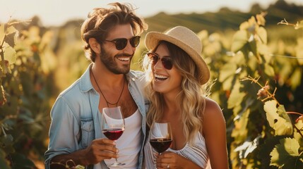 Portrait of happy couple drinking wine in vineyard . Man and woman wearing hat holding glass with red wine, laughing together at sunny day