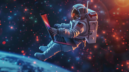 Wall Mural - an astronaut flying in the galaxy and bring a laptop