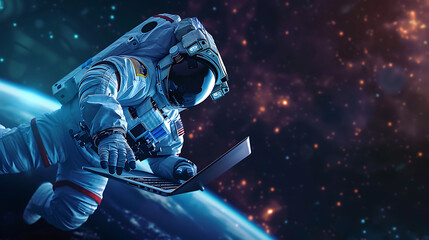 Wall Mural - an astronaut flying in the galaxy and bring a laptop