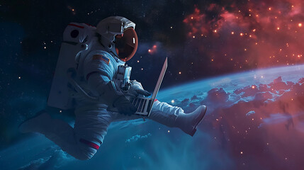 Wall Mural - an astronaut flying in the galaxy and bring a laptop