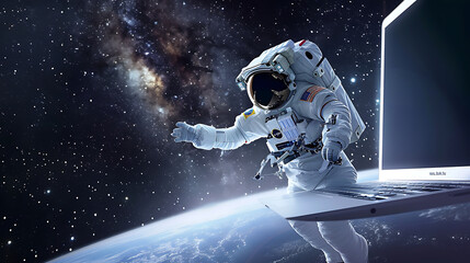 Wall Mural - an astronaut flying in the galaxy and bring a laptop
