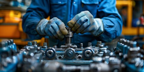 Poster - Mechanic tightening bolt on machine part - Skilled worker in gloves manually adjusting a bolt on complex industrial machinery