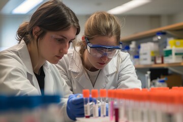 Poster - Two professional female scientists engrossed in examining and analyzing samples in a modern laboratory workspace