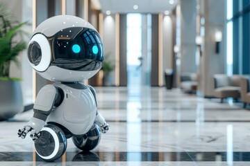 Poster - A cutting-edge white robot with blue illuminated eyes in a shiny modern corporate environment