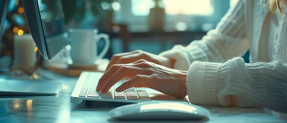 Poster - A professional setting with a focus on a woman's hands typing on a laptop keyboard, with the warm glow of a desk lamp