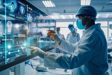 Poster - A scientist in a high-tech lab interacts with a holographic interface, conducting research or data analysis in a cutting-edge scientific environment