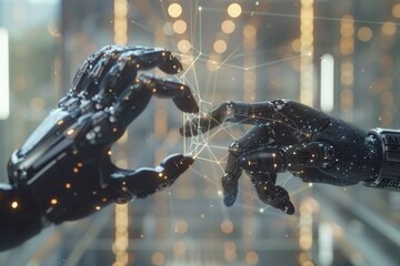 Poster - Close-up image of two robotic hands touching fingertips, illustrating concepts of artificial intelligence, robotics, and human-technology interaction